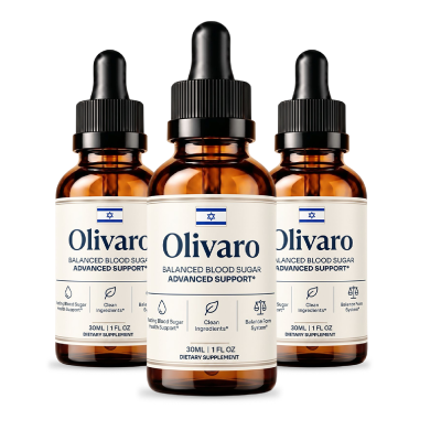 Three Olivaro blood sugar support bottles with dropper caps